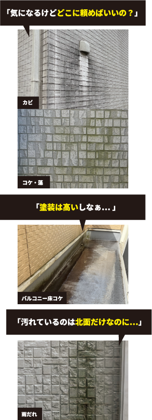 「気になるけどどこに頼めばいいの？」 「塗装は高いしなぁ… 」 「汚れているのは北面だけなのに…」